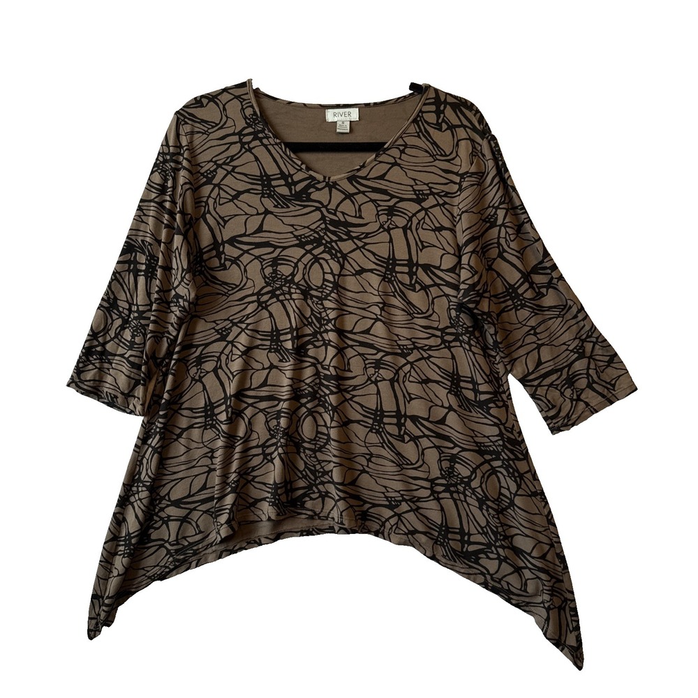 River Abstract Scribble Asymmetrical Drape Flowy Tunic Top S Lagenlook Art Chic